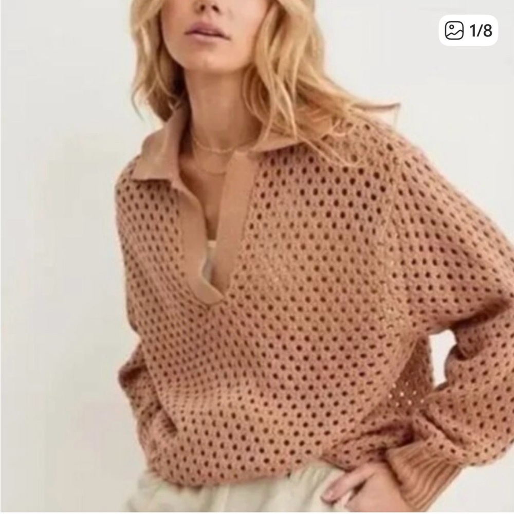 AERIE OPEN KNIT BROWN‎ POLO SWEATER V-neck Collar Oversized Small.